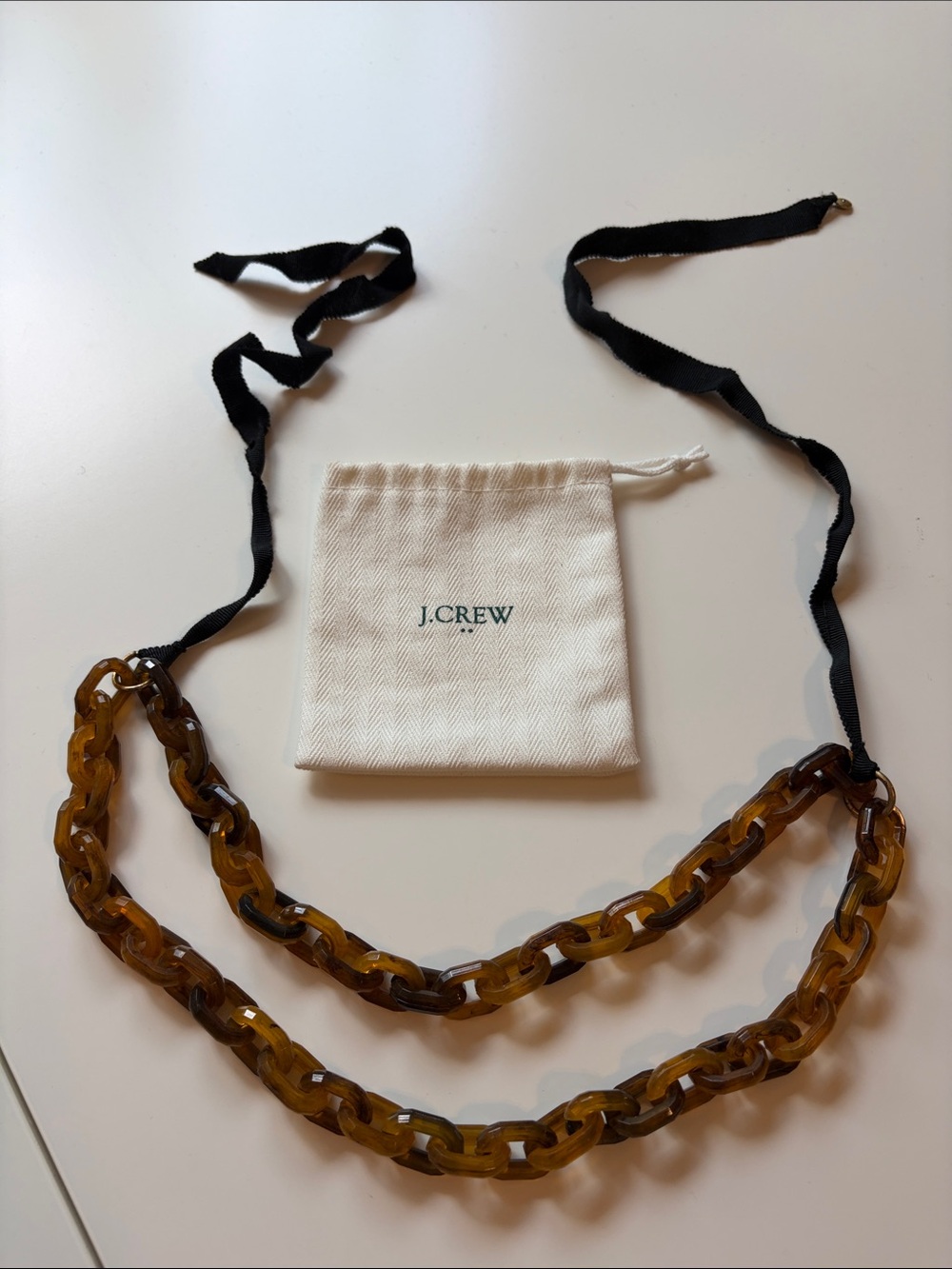 J. Crew Factory Double Tortoiseshell Resin Chain Necklace with Black Ribbon